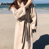 Amfeov Christmas Gift Aachoae Women Elegant Solid Color Long Wool Coat With Belt Long Sleeve Turn Down Collar Coats Female Autumn Winter Outerwear