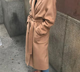Lady Solid Long Wool Coat Batwing Long Sleeve Elegant Office Jacket Female Turn Down Collar Casual Coat Women 2021