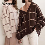 Zuzanny Plaid Vintage Cardigans for Women 2021 Fashion V Neck Autumn Winter Knitted Jumpers Thick Oversized Sweater Cardigans