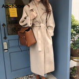 Amfeov Christmas Gift Aachoae Women Elegant Solid Color Long Wool Coat With Belt Long Sleeve Turn Down Collar Coats Female Autumn Winter Outerwear