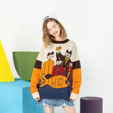 Cartoon Cat Demon Embroidery Sweater Harajuku Retro Style Knitted Sweater Autumn And Winter Cotton Pullover Top