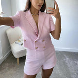 Christmas Gift PUWD Casual Woman Pink Tweed Matching Sets 2021 Spring Fashion Short Sleeve Suits Ladies Sweet Streetwear Shorts Suit