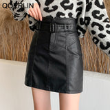 QoerliN Washed PU Leather Skirt Korean Slim High Waist Shorts Skirt Female Plus Size Belt Mini Skirts Safety Liner Shorts Skirts