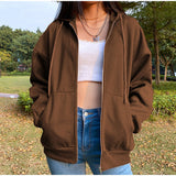 Amfeov Brown Zip Up Hoodie Sweatshirt Winter Jacket Clothes Oversize Hoodies Women Plus Size Vintage Pockets Long Sleeve Pullovers