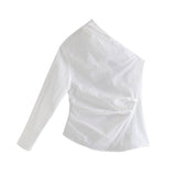 Christmas Gift PUWD Elegant Woman White One-Shoulder Cotton Tops 2021 Spring Fashion Ladies Irregular Top Female Streetwear Button Tops