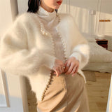 Christmas Gifts Sweet Lantern Sleeve Mink Cashmere Sweater Knitted Cardigan Korean Beads 2022 New Causal Knitwear Open Stitch