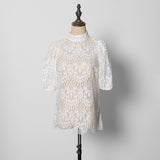 Amfeov Hollow Out Lace Shirts Women Summer Puff Sleeves Sexy Blouse en dentelle manches courtes 2024 Female Vintage Chic Blouses