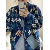 Christmas Gift Women's Knitting Argyle Cardigans Sweater Jackets Single Breasted Long Sleeve Korean Loose Ladies Thicken Outerwear