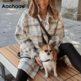 Amfeov Christmas Gift Aachoae Women Plaid Single Breasted Jacket Coats Fashion Turn Down Collar Pockets Coat Female Streetwear Long Sleeve Spring Tops