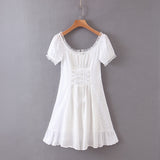 Amfeov White Embroidery Lace Up Dress Women 2022 Summer Ruffle Vintage Beach Dress Famale Puff Sleeve Hollow Out Tulle Dress Vestidos