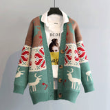 Amfeov Christmas Gift Women 'S Sweater 2024 Autumn Winter New Green Cardigan Coat Korean Style Loose Thick Red V-neck Deer Jacquard Knitted Top Women