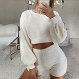 Women Casual Knit Two Piece Sets Short Sleeve O Neck Crop Tops And Drawstring Shorts Matching Suit Summer Female Homewear Outfit