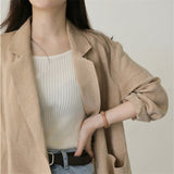 Amfeov 2024 Spring Summer Women's Blazer V-Neck Full Sleeve Pockets Khaki Cotton Linen Jacket Female Casual Outer Wear Blazer