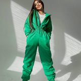 Amfeov Women Basic Hoodie Jumpsuit Zipper Drawstring Overall High Waist Elasticity Streetwear Tracksuit Rompers Casual One Piece Outfit