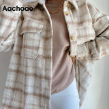 Amfeov Christmas Gift Aachoae Women Plaid Single Breasted Jacket Coats Fashion Turn Down Collar Pockets Coat Female Streetwear Long Sleeve Spring Tops