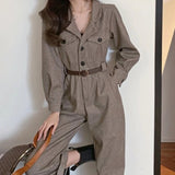 Amfeov Women's Fashion Streetwear Jumpsuit Autumn V-Neck Pockets Ankle-Length Straight Cargo Pants High Street Wear Sashes Za Overalls