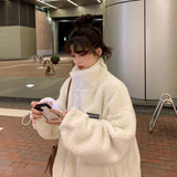 Amfeov Women Winter White Jacket Faux Lamb Fur Kawaii Coat Lamb Women Teddy Fur Coat Fleece Original Parkas Plus Size Hoodies Harajuku