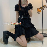 Women's Gothic Lolita Dress Gothic Punk Mall Goth Kawaii Cute Ruffle Bandage Black Mini Dress 2021 Emo Clothes Summer