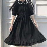 Amfeov QWEEK Autumn Black Kawaii Lolita Style Dress Mori Girl Fairy Cute Lolita Peter Pan Collar Puff Sleeve Dress 2024 Fashion Women