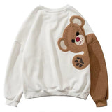 Christmas Gift Harajuku Kawaii Hoodies Women Bear Embroidery Fleece Drop-Shoulder Sleeves Sweatshirts Bestie Friends Matching Pullover Tops