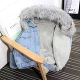 2022 Fall/Winter New Denim Winter Coat For Women Jacket Korean Style Loose Fleece Thickened Large Fur Collar Hooded Coat Parka