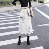 Amfeov Female Sexy Casual Letter Printing Ripped Denim Skirts Spring Women Fashion High Waist Large Size A-Line Hole Jean Skirts White