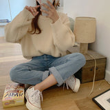 Amfeov 2024 New Women's Pullovers Vintage Korean Style Long Sleeve Round Neck Casual Loose Ladies Knitting Tops Sweaters Winter