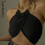 Amfeov Summer Fashion Chic Halter Chain Crop Tops for Women Backless Cropped Feminino Black Wrap Top 2022 Streetwear