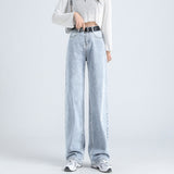 Amfeov Women Jeans Vintage Adjustable High Waist BF Oversize Wide Leg Trousers Summer Baggy All-Match Streetwear Retro Chic Jeans
