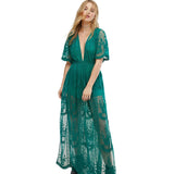 Amfeov Jastie Bohemian Lace Maxi Jumpsuit Women Romper Chic Floral Embroidered Jumpsuit Women Summer Playsuits V-Neck  Jumpsuits