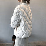 Autumn winter down jacket women fashion covered button o neck full sleeve diamond lattice oversize warm coat parka female
