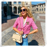 Amfeov Solid Short Sleeve Tweed Jacket Coat With Pockets Spring Fashion Chic Crop Tops  2022 Women Uniform Outfit Ropa Mujer