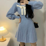 Amfeov Knitted Warm Dress Women Aurumn Winter Knit Vintage Square Collar Elegant Long Sleeve Short Dresses Korean Fashion