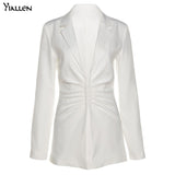 Yiallen Autumn New Fashion Casual Simple Solid White Turn-down Collar Single Breasted Suit For Women's Office Long Coat Hot