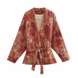 Amfeov Brown Paisely Jacket Coat V Neck Long Sleeve Belt Sashes Ladies Blazer Autumn Winter Abrigo Mujer 2022  Women Boho Outwear