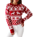 Amfeov Christmas Gift Hot Christmas Women Sweater Elk Snowflake Xmas Long Sleeve O-neck Christmas Knitting Pullover Short Sweater Top Jumper Knitwear