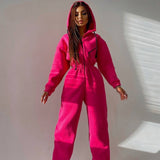 Amfeov Women Basic Hoodie Jumpsuit Zipper Drawstring Overall High Waist Elasticity Streetwear Tracksuit Rompers Casual One Piece Outfit