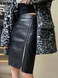 Christmas Gift Lautaro Autumn Soft Black Pu Leather Midi Skirt Women with Double Slit Zipper High Waist Korean Style Fashion 2021 Streetwear
