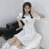 QWEEK White Kawaii Lolita Dress Soft Girl Cute Style Ruffle Short Sleeve Wrap Mini Punk Dress Women Summer Sundress 2021 Korean