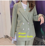 Amfeov New Autumn Winter Women's Pant Suit Double Breasted Notched Blazer Jacket & Pant Office Wear Women Suit Female Sets