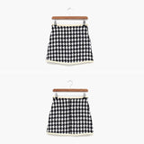 Women's Houndstooth Two-Piece Set Female Korean Sailor Collar Single-Breasted Short Coat and High Waist Bag Hip Mini Skirt Suit