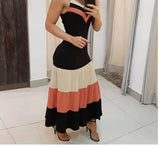 Amfeov 2022 Summer Women V Neck Sleeveless Colorblock  Spaghetti Strap Ruched Ruffles Maxi Dress