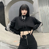 Amfeov Goth Metal Chain Print Cropped Black Fashion Goth Hoodie Women 2022 Punk Techwear O-Neck Reflective Tops Emo Autumn Sweatshirt