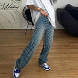 Amfeov Weekeep Fashion Plaid Hollow Out Streetwear Jeans Women Club High Waist Button Fly Straight Pants Korean Baggy Denim Holes Pants