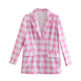 Christmas Gift PUWD Casual Woman Pink Cotton Plaid Skirt Suits 2021 Spring Sweet Female Loose Streetwear Blazer Suits Ladies Oversized Sets