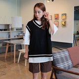Amfeov Vest Women Striped V-Neck Daily Knitted Stylish Students Korean Style Sleeveless Outwear Female Coats All-match Leisure Ulzzang