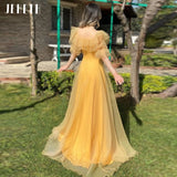 Amfeov Vintage Yellow Square Neck Tulle Prom Dresses Boho 2022 A Line Short Ruffles Sleeves Princess Party Gowns Floor Length