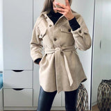 Christmas Gift PUWD Vintage Woman Loose Sashes Woolen Coats 2021 Chic Female Autumn Soft TurnDown Collar Outwear Ladies Elegant Pockets Jackets
