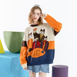 Cartoon Cat Demon Embroidery Sweater Harajuku Retro Style Knitted Sweater Autumn And Winter Cotton Pullover Top