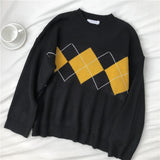 Women Argyle Sweaters Autumn Winter Pullovers Long Sleeve O-Neck Loose Knitted Korean Tops Casual Vintage Jumper Sueter Mujer